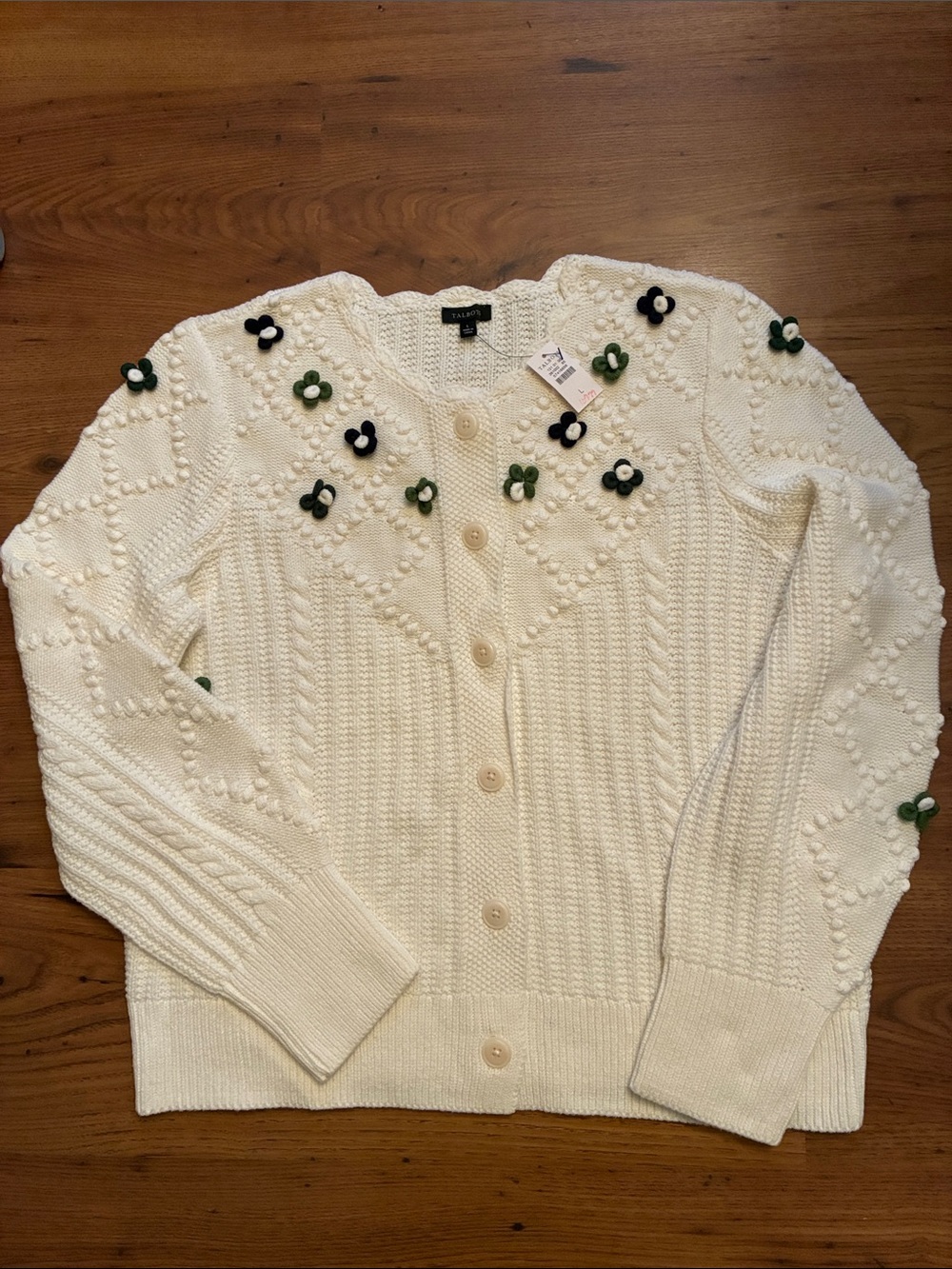 NWT Talbots Cream Knit Cardigan with Green and Indigo Floral Appliqués Size L